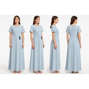 Zeagoo Light Blue Short Sleeves Pleated Waistband Floor Length Evening Dress XL